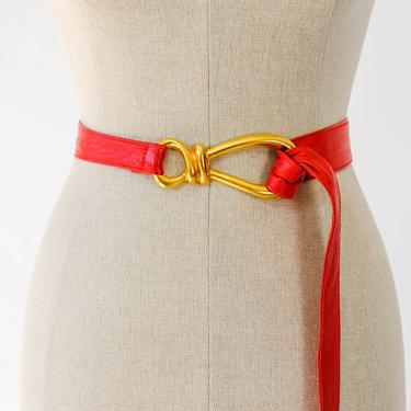 Vintage 80s Donna Karan Rich Red Leather Adjustable Waist Belt | Made in Italy | 100% Genuine Leather | 1980s Designer Boho Leather Belt 