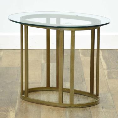 Modernist Brass Open Frame Oval End Table W Glass Top
