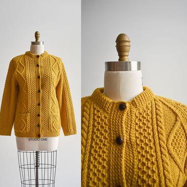 Vintage Mustard Yellow Irish Knit Wool Cardigan 