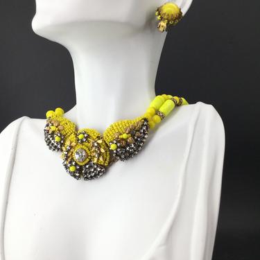 Miriam Haskell Limoncello &amp; Encrusted Rhinestone Glass Necklace Earrings 