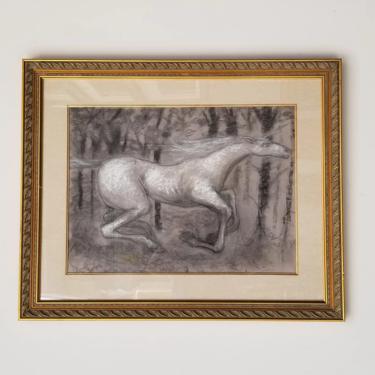 1990s Expressionist Style Horse Pastel Drawing, Framed. 