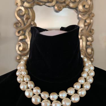 Vintage Pearl Necklace - Double Strand Hand Knotted - Natural Shaped Champagne Pearls - Satin Goldtone Findings - Signed Carolee 