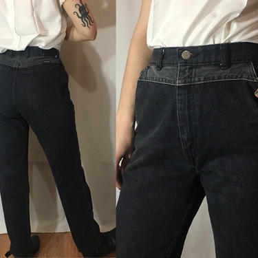 Vintage 1980s Wranglers | Black and Dark Grey High Waisted Straight Leg Jeans, Grunge Rock N Roll Denim, Made in USA 29&amp;quot; Waist 