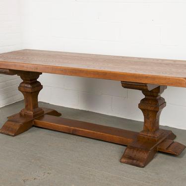 Antique French Country Style Oak Trestle Double Pedestal Dining Table 