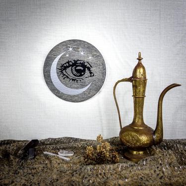 Moon witch all seeing eye wall art 6&amp;quot; wood, Modern witch mystical lunar altar Feminist home decor, celestial evil eye gold silver crescent 
