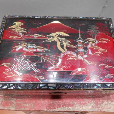 Vintage Oriental Chinese Japanese Asian Jewelry Box Hand Painted Black Lacquered Inlaid Abalone Design Jewel Storage Mount Fuji Chest Japan 