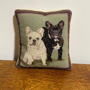 Adorable Vintage French Bulldogs Needlepoint Accent Pillow 