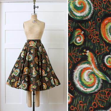 vintage 1950s novelty print skirt • snail print cotton circle skirt with adjustable waist • size small to medium 