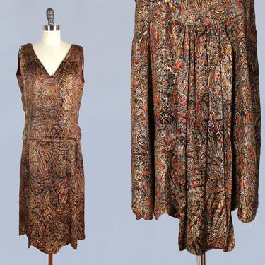 RARE!! 1920s Dress / 20s Metallic Lam Dress / Paisley Print Antique Gold LAM 