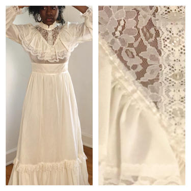 Vintage 1970s 1980s 70s Lace Victorian Prairie Maxi Dress High Neck Puff Sleeve Sheer Tiered Tie BackWedding Small Medium Keepers Vintage 