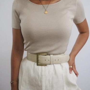 Vintage Silk Ribbed Top - Oat Neutral Silk Ribbed Short Sleeve Top - XS/S 