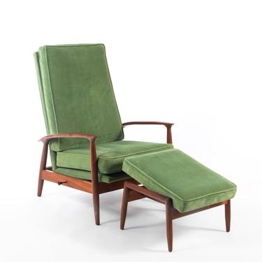 Milo Baughman Highback Lounge Chair / Recliner with Ottoman in Original Green Fabric 