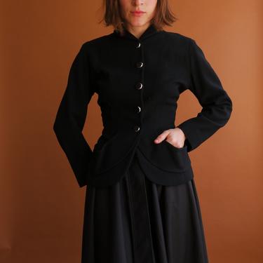 Vintage 50s Structured Wool Blazer/ 1950s Black Jacket with Pockets/ Size Small 