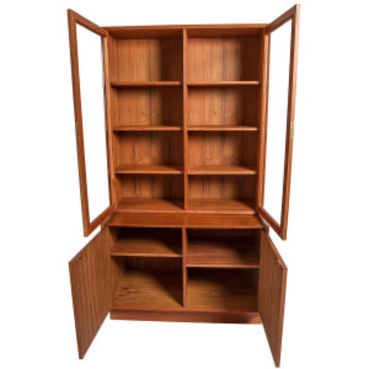 Brouer 2-Piece Locking Teak Bookcase / Display Cabinet Unit w/ Glass Doors