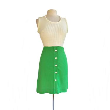 Vintage 70s green and white knit dress| A-line two tone tennis style 