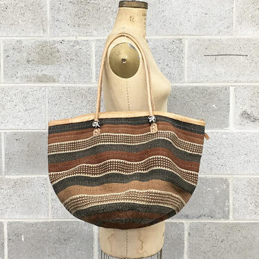 Vintage Woven Sisal Bag Retro 1980s Handmade + African + Market or Shopper Bag +  Stripe + Leather + Bohemian + Large Size + Womens Accesory 