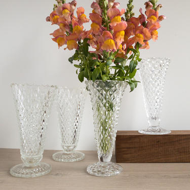 Vintage Diamond Point Trumpet Vases, Sold Separately | Medium Size Clear Pressed Glass Flower Vases 