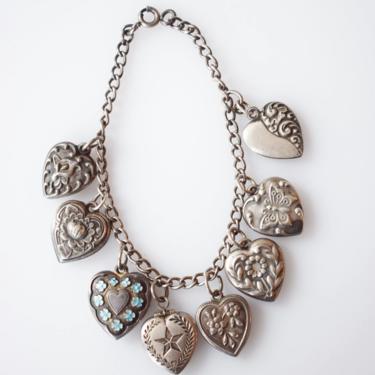 Vintage 1940s Sterling Silver Puffy Heart Charm Bracelet 