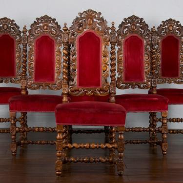 19th Century Country French Louis XIII Baroque Barley Twist Carved Oak Dining Chairs 