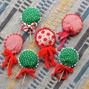 Vintage 1970s Handmade Christmas Tree Ornaments - Red & Green Calico Fabric Kitschy Ornaments Holiday Decor Lollipop Candy - Set/6 