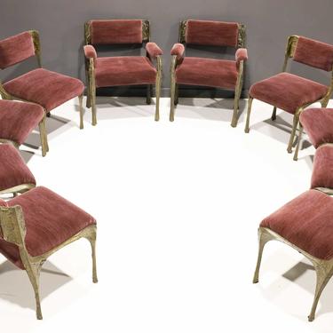 Paul Evans Set of Ten Sculpted Bronze Dining Chairs  in Aubergine Upholstery