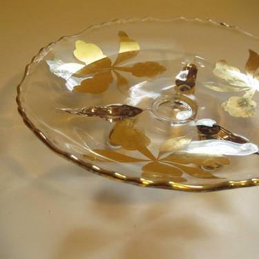 Antique Gold Candy Dish Gold Glass Serving Dish Gold Iris Gold Decor Accents 3 legs Gold Desert Dainty Dish Flowers Irises Pedestal Dish 