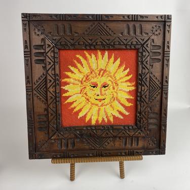 Antique Hand Carved Frame, with Sun Needlepoint