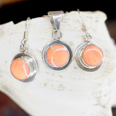 Vintage Sterling Silver &amp; Pink Coral Jewelry Set, Beautiful Coral Dangle Earrings With Matching Pendant Necklace, Mexico 925 Jewelry 