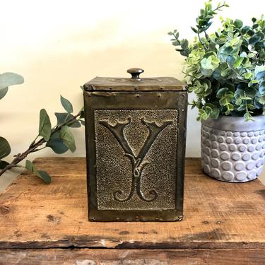 Vintage Tea Box, Tea Canister, Wooden Box, Kitchen Storage, Vintage Home Decor, Brass Box, Brass and Wood, Monogrammed Box, Lidded Container 