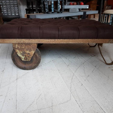 Vintage industrial factory cart upholstered coffee table/ottoman 