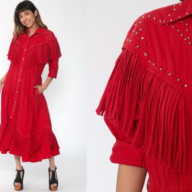 Fringe Western Dress Red Studded Dress 80s Midi Rodeo Cowgirl Dress Button Up Dress Square Dance 3/4 Sleeve Vintage Retro Small Medium 