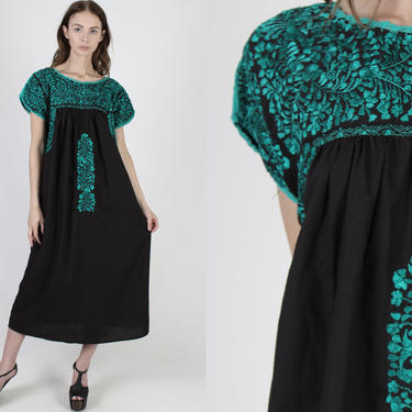 Black Oaxacan Maxi Dress / Teal Floral Mexican Embroidered Dress / Womens San Antonio Thin Made In Mexico Long Midi Dress 