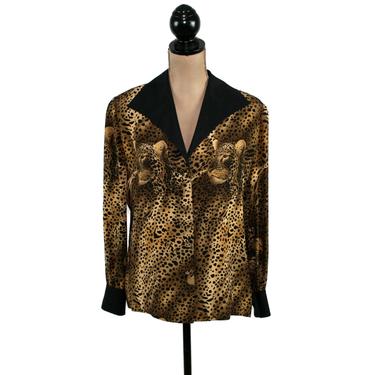 80s Silk Animal Print Blouse, French Cuff Long Sleeve Top, Button Up Shirt, 1980s Clothes for Women, Vintage Francesca of Damon Medium Large 