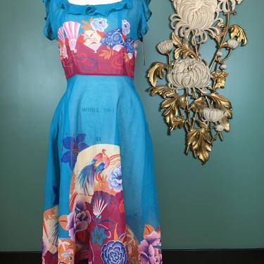 1970s cotton dress, novelty print dress, vintage 70s dress, asian print dress, turquoise summer dress, 28 waist, bird print, fan print 