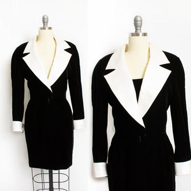 Vintage 1990s Dress - A.J. Bari Velvet Black &amp; White Tuxedo 90s - Small S 