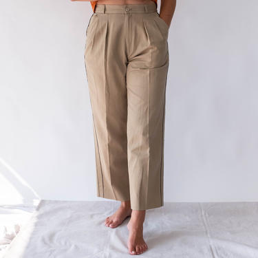 Vintage 70s 80s Valentino Khaki High Waisted Pleated Cropped Pants w/ Olive Stripe Seam | Made in Italy | 1970s 1980s Designer Boho Slacks 