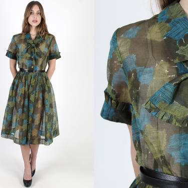Vintage Abstract Floral 50s Dress 1950s Green Rockabilly Dress Ruffled Bow Tie Full Skirt Below The Knee Skirt Sheer Party Midi Mini 