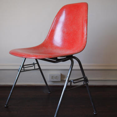 Vintage EAMES Herman Miller FIBERGLASS SHELL Chair, Red Orange, Stacking Base, 1957, Mid-Century Modern, 