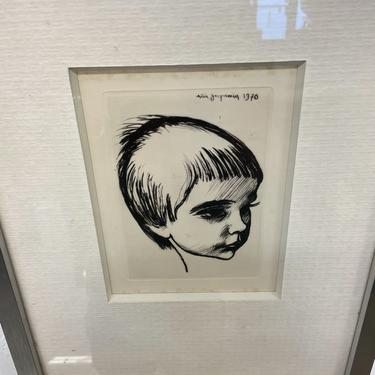 1970 Child Pixie Cut Portrait Etching Black and White Headshot signed 