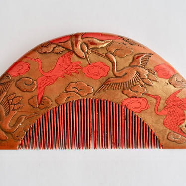 Antique Japanese EDO MAKI-E Herons Lacquer Comb, Geisha Comb, Red Antique Kushi, Japanese Gold Hair Comb, Bridal Comb, 