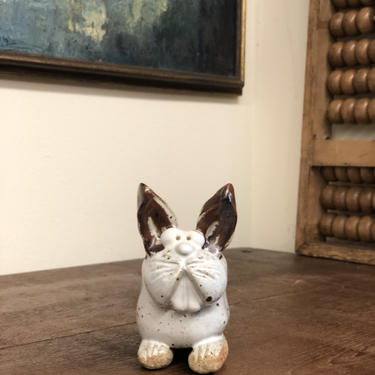 Kitschy Vintage Ceramic Rabbit Card Holder Figurine Sculpture Stoneware Pottery Handmade Character Playful Ugly Cute Unique Splatter Glazed 