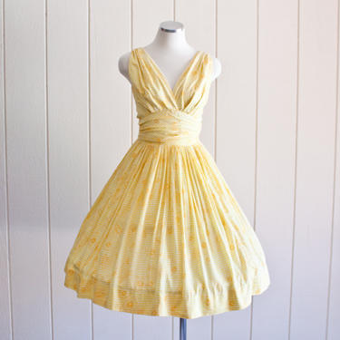 1950s Vintage Yellow Butterfly Print Princess Tea Dress | Size: Medium 