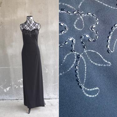 90s Prom Dress | Black Formal Gown | Beaded Dress | Open Back Dress | Sheer Dress | XSmall Dress XS | Size 2 Dress | Bridesmaid Dress by aphroditesvintage