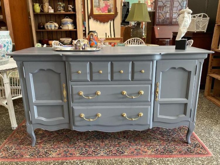 Gray painted credenza from Thomasville. 61.5” x 21.5” x 33”