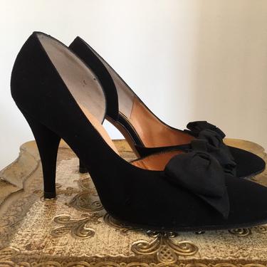 1950s stiletto heels, Black suede shoes, vintage 50s shoes, shoes with bows, size 7, alexander greene, d'orsay heels 