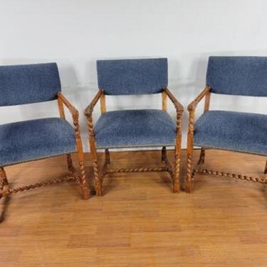 Vintage Baker Furniture English Oak Barley Twist Dining Chairs with Nailhead Finished - Set of 6