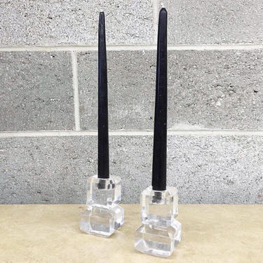 Vintage Candlestick Holders Retro 1990s Lucite + Clear + 4 Inches Tall + Cubist + Set of 2 Matching + Candle Holder + Home Decor 