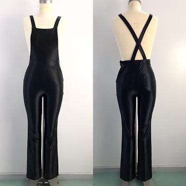 70s SPANDEX DISCO OVERALLS by Tight End sleek black with cross straps vintage 1970s xs 