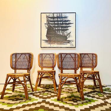 MCM Boho Bamboo and Rattan Set of Four Side Chairs 