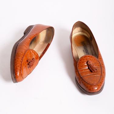 Bottega Veneta Chestnut Brown Italian Patent Leather Croc Embossed Tassel Loafers 1990s sz 7 Like New Minimal 